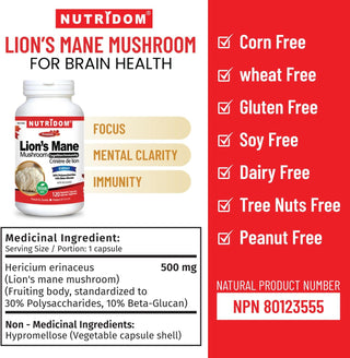 Nutridom Lion's Mane Mushroom 500mg (120 Capsules)