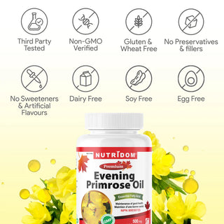 Nutridom Evening Primrose Oil 500mg | Cold-Pressed, 10% GLA| Natural Source of Omega-6 | 30 Softgels