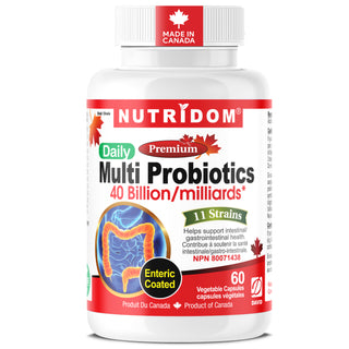 Nutridom Multi Probiotics bottle with red and white label on a white background