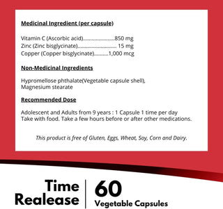 Nutridom Timed-Release Vitamin C with Zinc Bisglycinate and Copper (60 Capsules)