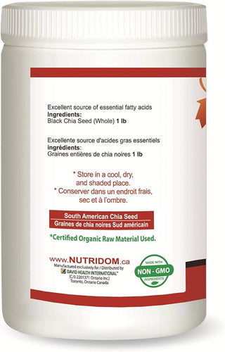 Nutridom Certified Organic Raw Black Chia Seeds 1lb | Vegan, Gluten-Free, Keto & Paleo Friendly