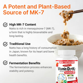 Nutridom Vitamin D3 + K2 | 120 mcg MK-7 + 1000 IU D3 | Coconut Oil | 300 Softgels