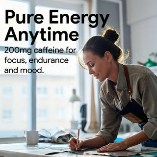 Woman working at a desk with text about caffeine and energy.