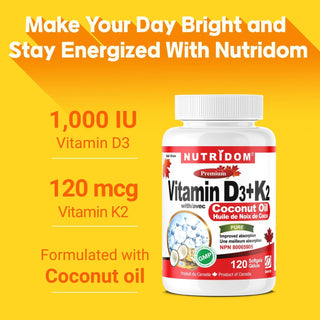 Nutridom Vitamin D3 + K2 | 120 mcg MK-7 + 1000 IU D3 | Coconut Oil | 120 Softgels