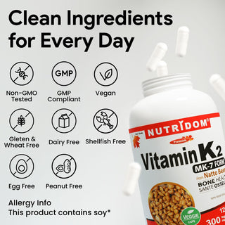 Nutridom Vitamin K2 120mcg | MK-7 | Natto Derived K2 | 300 Vcaps