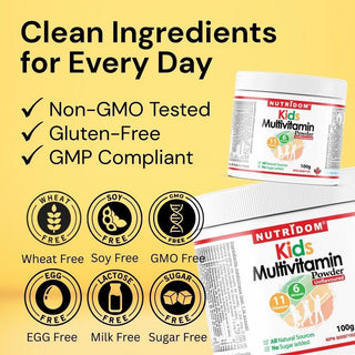 Nutridom Kids 멀티비타민 파우더 | 100g | 무설탕 | 비건, 비타민 A, B 복합체, C, D3, 마그네슘, 칼슘, 비오틴 등 함유