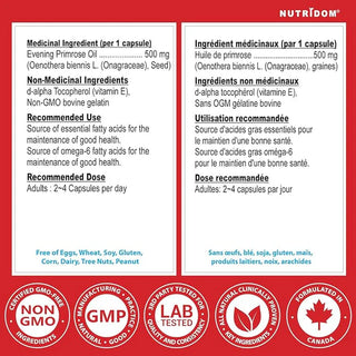 Nutridom Evening Primrose Oil 500mg | Cold-Pressed, 10% GLA| Natural Source of Omega-6 | 30 Softgels