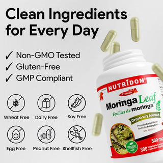 Nutridom Moringa Leaf 500mg | Organically Sourced | Antioxidant & Wellness Support | 300 V-Capsules