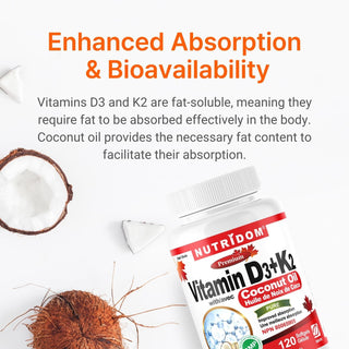 Nutridom Vitamin D3 + K2 | 120 mcg MK-7 + 1000 IU D3 | Coconut Oil | 120 Softgels