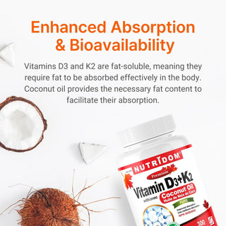 Nutridom Vitamin D3 + K2 | 120 mcg MK-7 + 1000 IU D3 | Coconut Oil | 300 Softgels