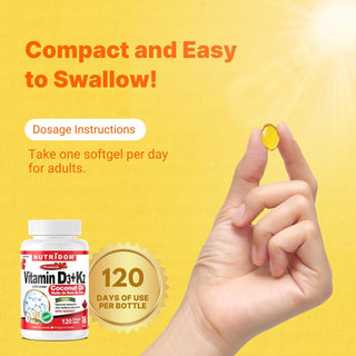 Nutridom Vitamin D3 + K2 | 120 mcg MK-7 + 1000 IU D3 | Coconut Oil | 120 Softgels