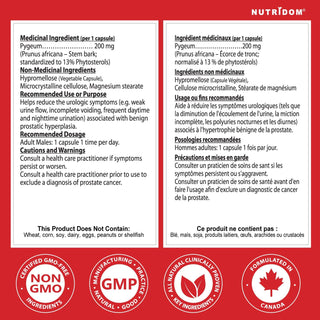 Nutridom Pygeum 200mg | Standardized to 13% Phytosterols | 120 Vcaps