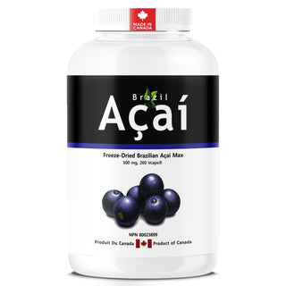 Bottle of Brazil Acai supplement with acai berries on the label against a white background