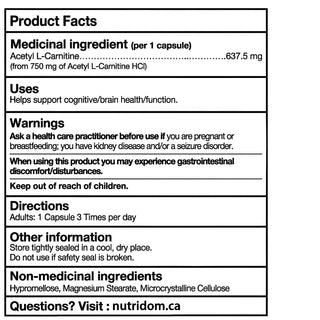 Acetyl L-Carnitine 637.5mg | Source of Carnitine | Cognitive Function Nutridom Acetyl L-Carnitine 637.5mg | Source of Carnitine | Cognitive Function Nutridom