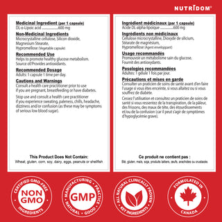 Nutridom Alpha Lipoic Acid 600mg | Antioxidant & Metabolism Support | 60 Vcaps