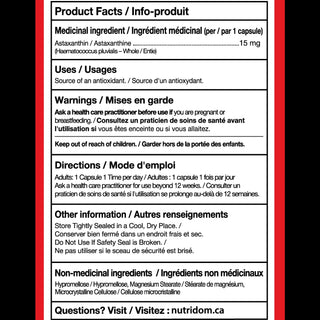 Astaxanthin supplement facts label 15 mg capsules