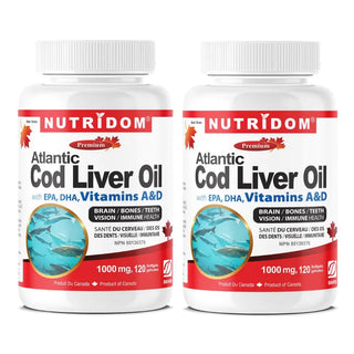 Atlantic Cod Liver Oil 1000mg | EPA, DHA, Vitamins A & D | 120 Fish Gelatin Softgels | 2 Pack