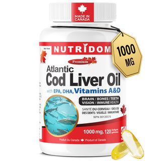 Nutridom Atlantic Cod Liver Oil 1000 mg | EPA, DHA, Vitamins A & D | 120 Fish Gelatin Soft gels