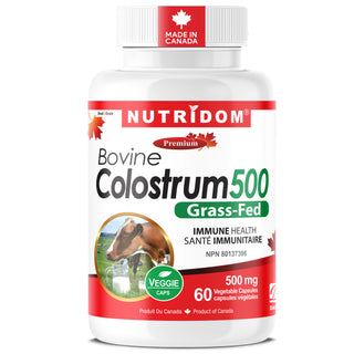 Nutridom Bovine Colostrum 500 supplement bottle on a white background