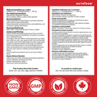Nutritional supplement label with product details and certifications on a red background