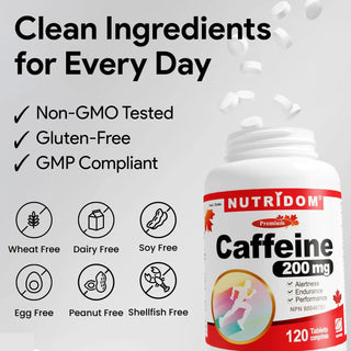 Caffeine supplement bottle 200 mg 120 tablets
