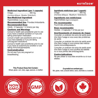 Canadian chaga mushroom supplement facts label 360 mg capsules