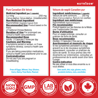 Nutridom Canadian Velvet Elk Antler 250mg，冻干处理（30粒胶囊），加拿大制造，高品质，支持免疫系统，提升能量和耐力，增强肌肉力量和恢复能力
