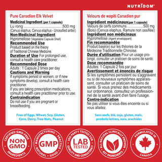 Nutridom Canadian Velvet Elk Antler 500mg | Freeze Dried | 30 Vcaps | Made in Canada