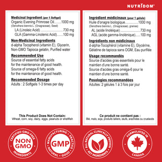 Nutridom Evening Primrose Oil 1000mg | Organic | Cold Pressed | 120 Veggie Softgels