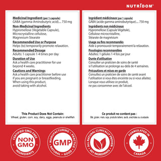 GABA supplement facts label 750 mg capsules