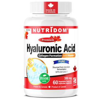 Nutridom Hyaluronic Acid supplement bottle with red and white label on a white background