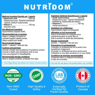 Hyaluronic acid 200 mg vitamin C 150 mg supplement facts label