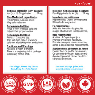 Nutridom Iron Bisglycinate 27mg | High Absorption  | 60 Vcaps