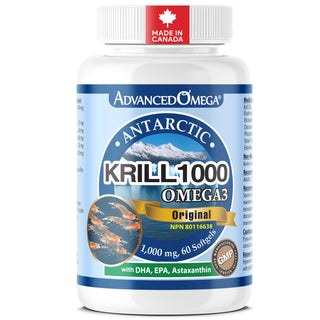 Bottle of Antarctic Krill 1000 Omega3 supplement with 'Made in Canada' label on a white background