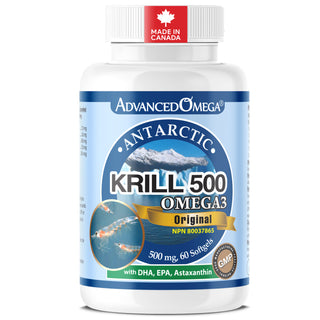 Bottle of Advanced Omega Antarctic Krill 500 Omega3 supplement on a white background