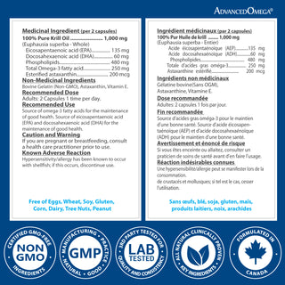 Advanced Omega Krill Oil 500mg | Pure Antarctic Krill Omega-3 with EPA, DHA & Astaxanthin | 60 Capsules | Made in Canada