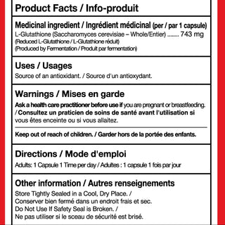 L glutathione supplement facts label 743 mg reduced GSH