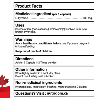L tyrosine supplement facts label 600 mg amino acid