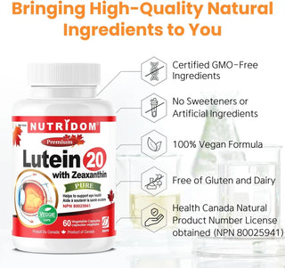 Lutein with zeaxanthin supplement bottle 20 mg capsules