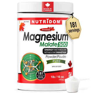Nutridom Magnesium Malate 500mg Powder | Unflavoured | 1 lb | Vegan | 181 Servings