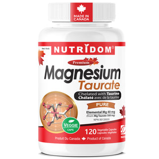 Nutridom Magnesium Taurate 500 mg | 40mg Elemental Magnesium per Capsule | Chelated with Taurine | 120 V-Capsules