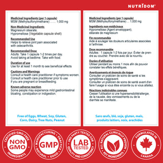 Nutritional supplement label with medicinal ingredients and certification logos on a red background
