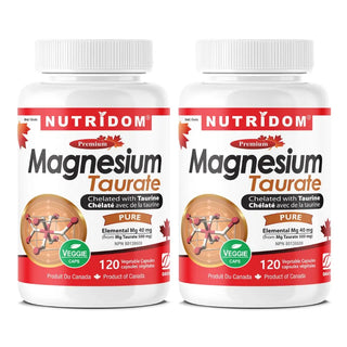 Two bottles of Nutridom Magnesium Taurate on a white background