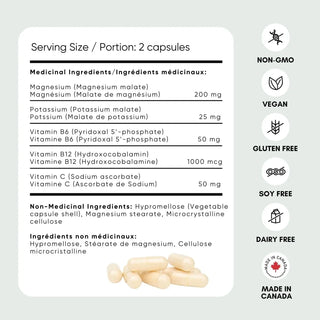Magnesium Malate 100mg + Potassium, B6 (P5P), B12, Vitamin C | 60 Vcaps LABEL