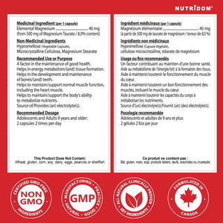 Magnesium Taurate supplement facts label 500 mg 120 capsules