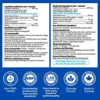 Marine collagen supplement facts label with HA vitamin C biotin silicon