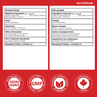 Moringa leaf extract supplement facts label 20x 500 mg