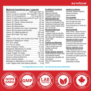 Multivitamin for women supplement label with ingredients and certifications 