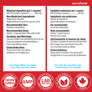 Nutritional supplement label with ingredients, dosing information, and certification logos on a red background.