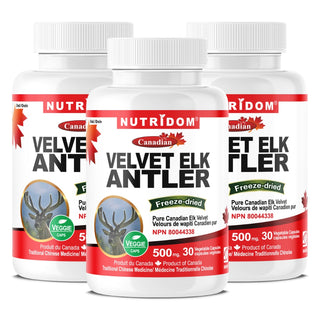 Nutridom Canadian Velvet Elk Antler 500mg | Freeze Dried | 30 Vcaps | Made in Canada - 3 Pack